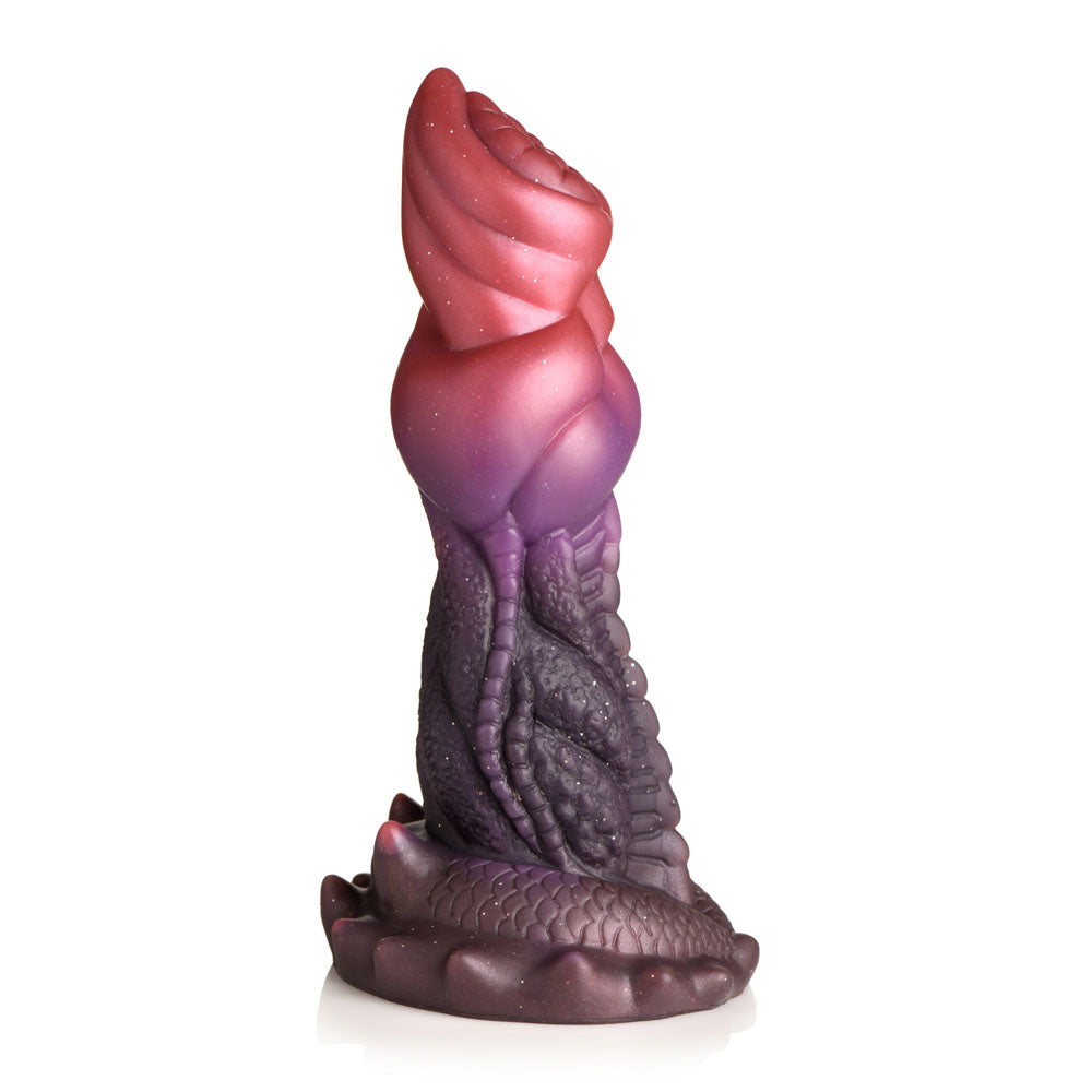 Aqua Phoenix silicone fantasy dildo in jade green and purple with ribbed shaft, tapered tip, and suction cup base.