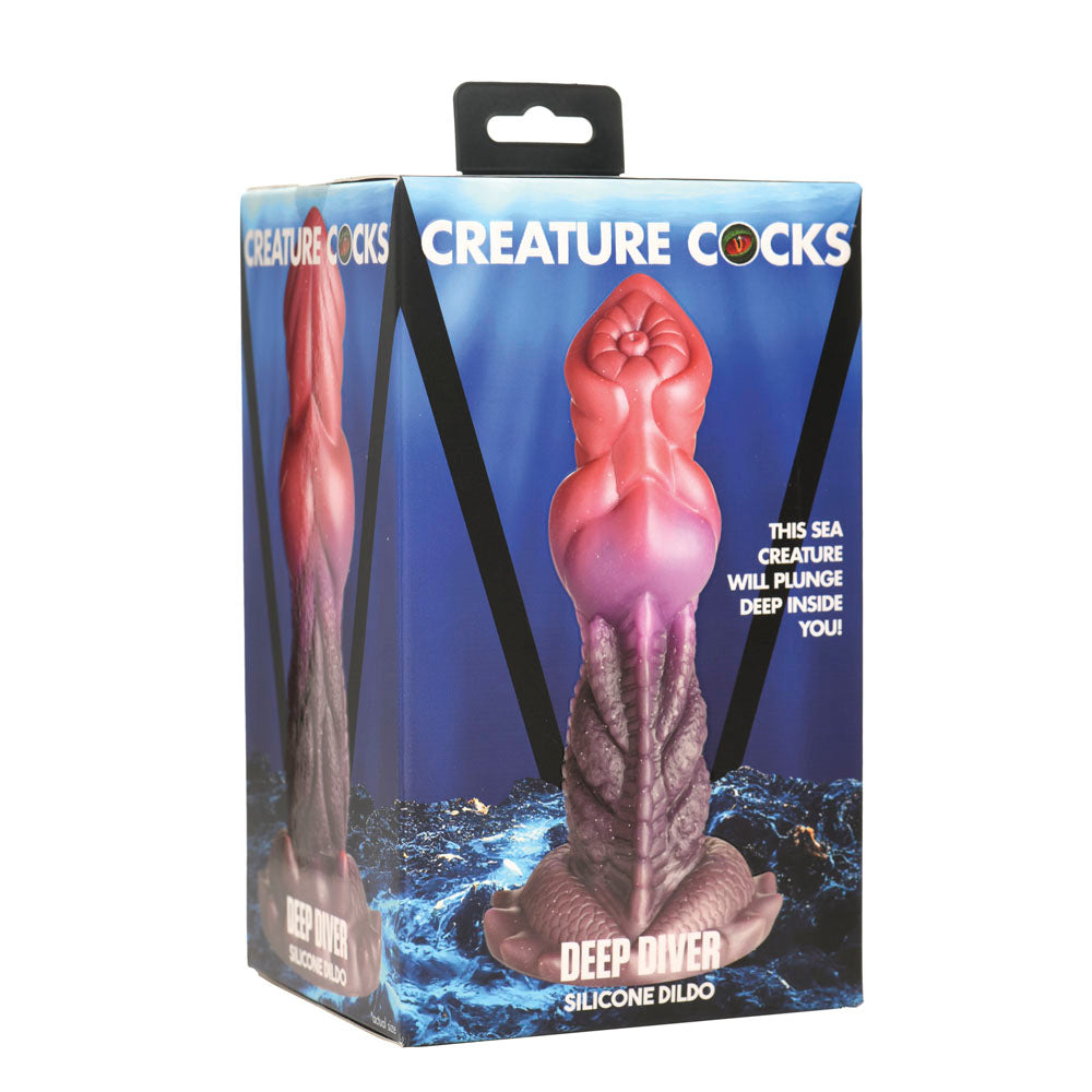 A fantasy dildo with a suction cup base, featuring a ribbed shaft and a tapered head.