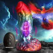 Rainbow phoenix dildo with remote control and vibrating feature.