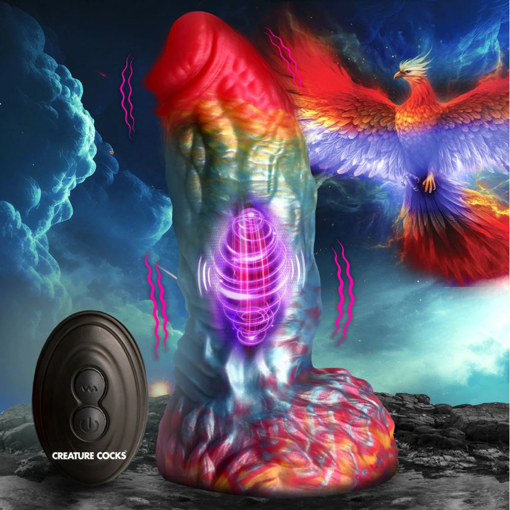 Rainbow phoenix dildo with remote control and vibrating feature.