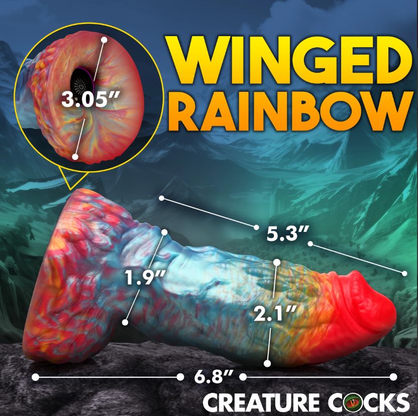 A rainbow-colored fantasy dildo with textured details and size measurements.