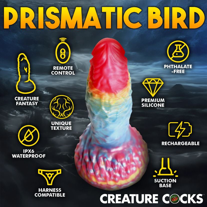 Rainbow phoenix-shaped silicone dildo with remote control and suction base.