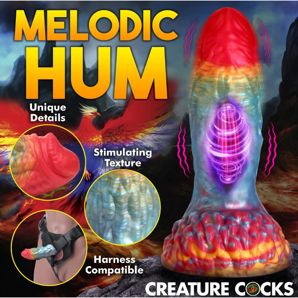 Rainbow phoenix dildo with stimulating textures and harness compatibility.