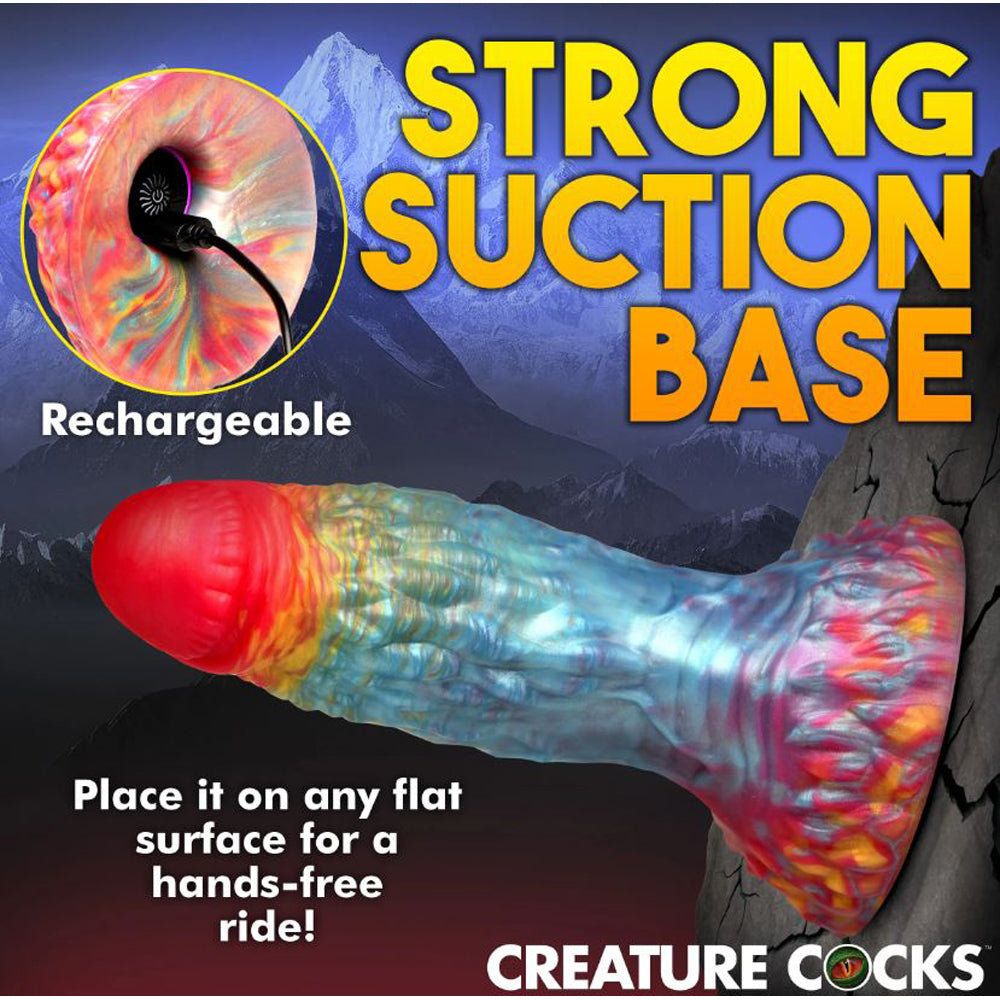 A rainbow-colored dildo with a textured shaft and a strong suction base.