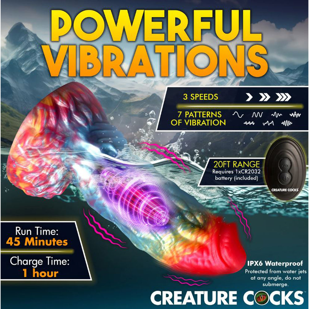 Rainbow phoenix-shaped silicone dildo with powerful vibrations and IPX6 waterproof rating.