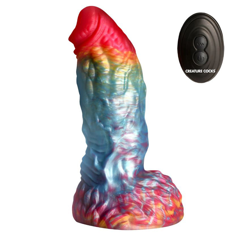Rainbow phoenix fantasy dildo in iridescent silicone with remote control.