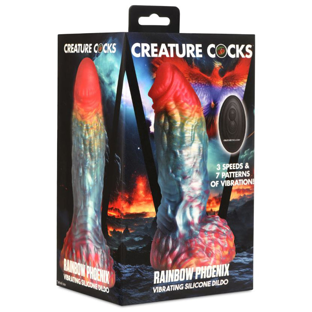 Rainbow Phoenix vibrating silicone dildo with textured shaft and suction cup base.