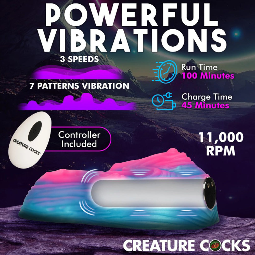 A pink and blue silicone grinder with a remote, 3 speeds, 7 vibration patterns, and 11,000 RPM.