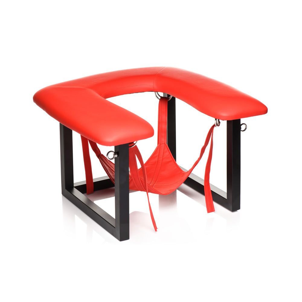 Red vegan leather queening chair with head sling and black metal frame.