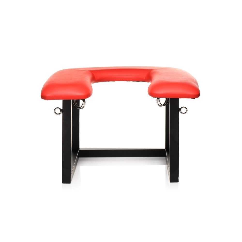Red vegan leather queening chair with black metal frame and D-rings.