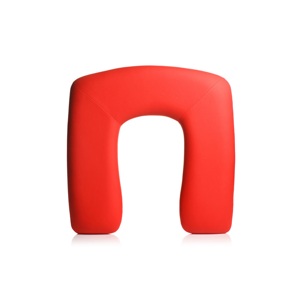 Red vegan leather chair with a U-shaped design.