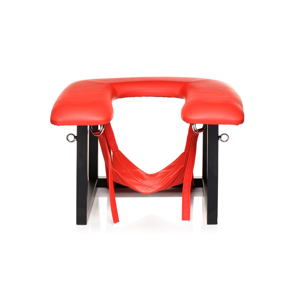 Red vegan leather queening chair with head sling and metal frame.