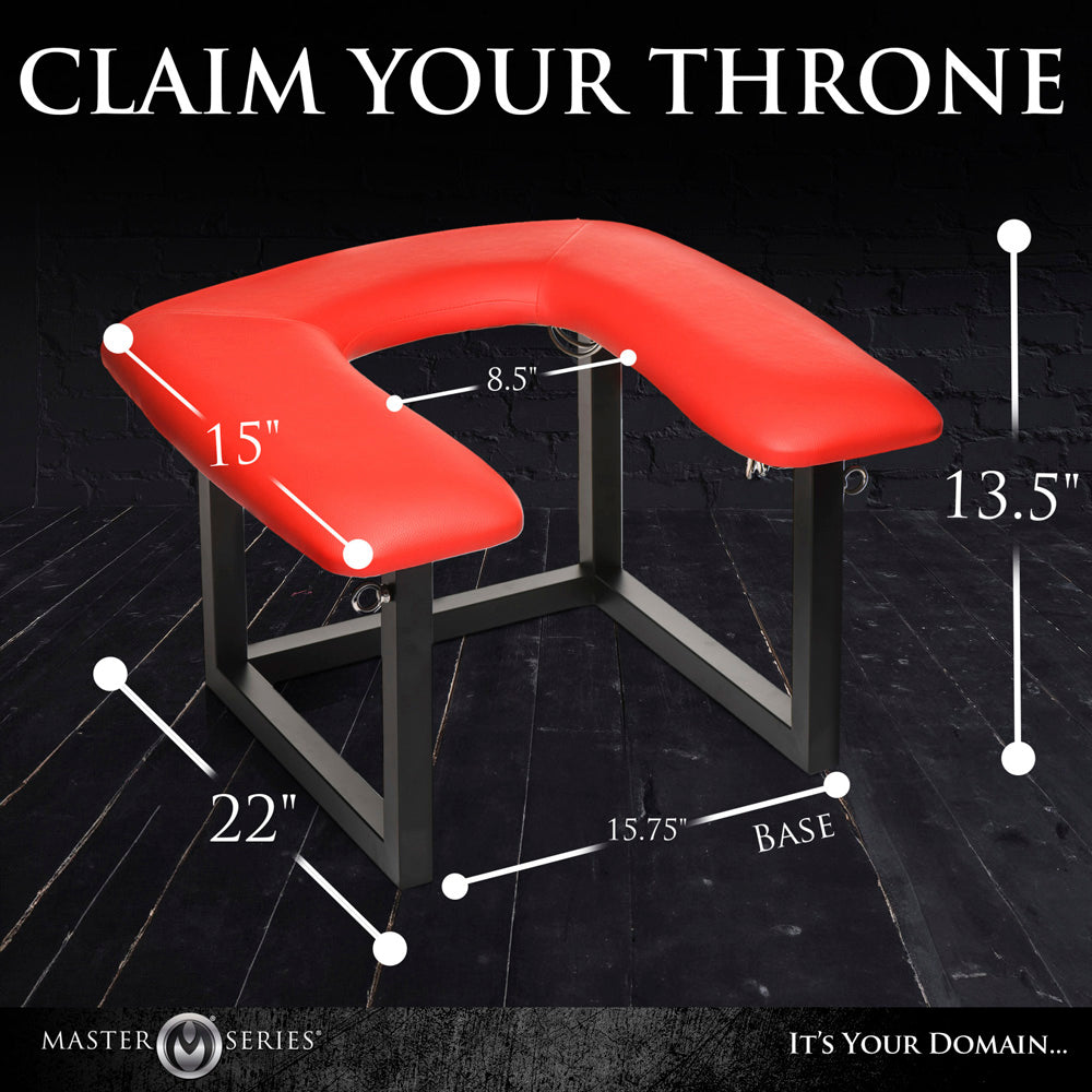 Red vegan leather queening chair with metal frame and visible dimensions.