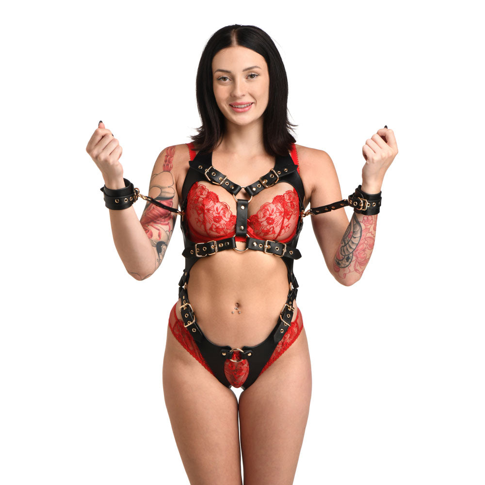 Woman in black vegan leather full body harness with red lace bra and cuffs.