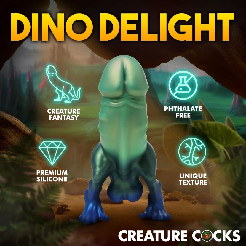 A teal and blue dinosaur-shaped dildo with text about its features.