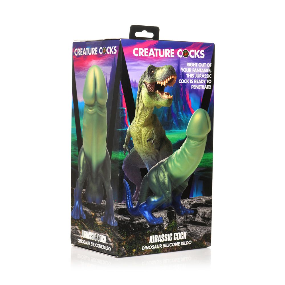 Box packaging for a Jurassic Cock dinosaur silicone dildo.