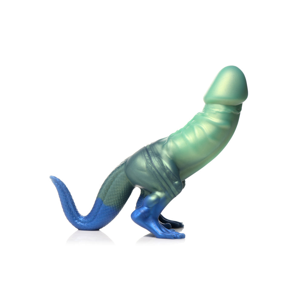 A green and blue dinosaur-shaped silicone dildo.