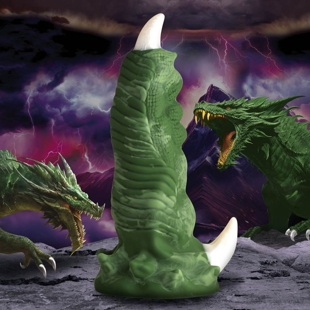 Green dragon finger dildo with white talon and suction cup base.