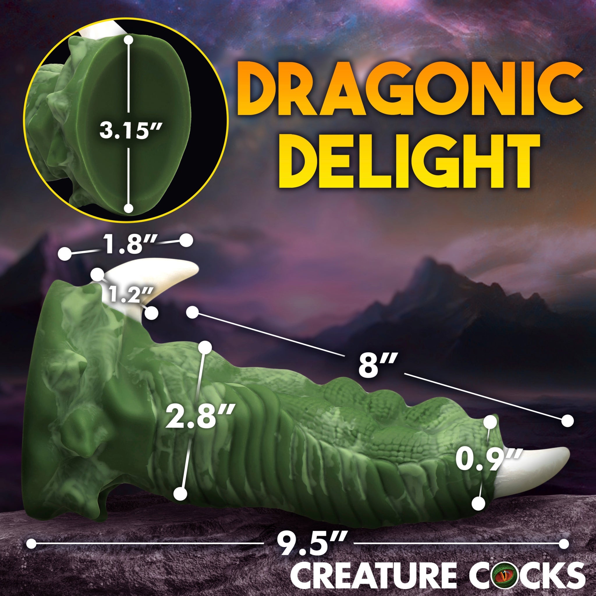Green dragon claw dildo with suction cup base and textured scales.