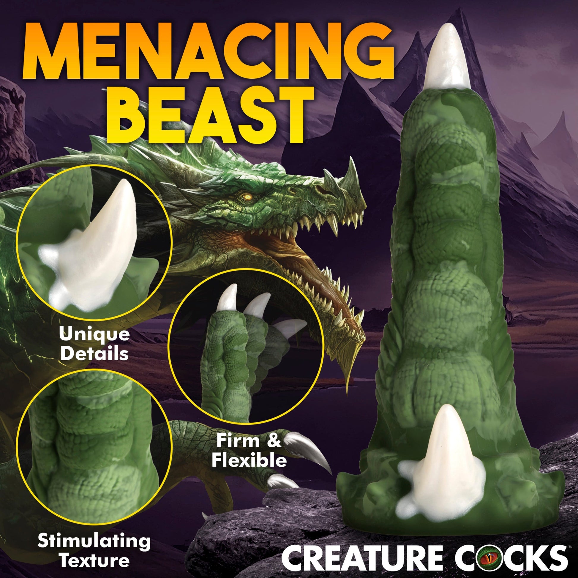 Green dragon claw dildo with white talon and suction cup base.