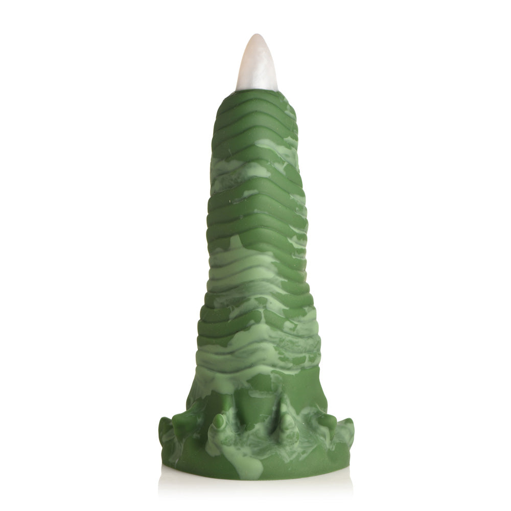 Green dragon claw dildo with ribbed texture and white talon.