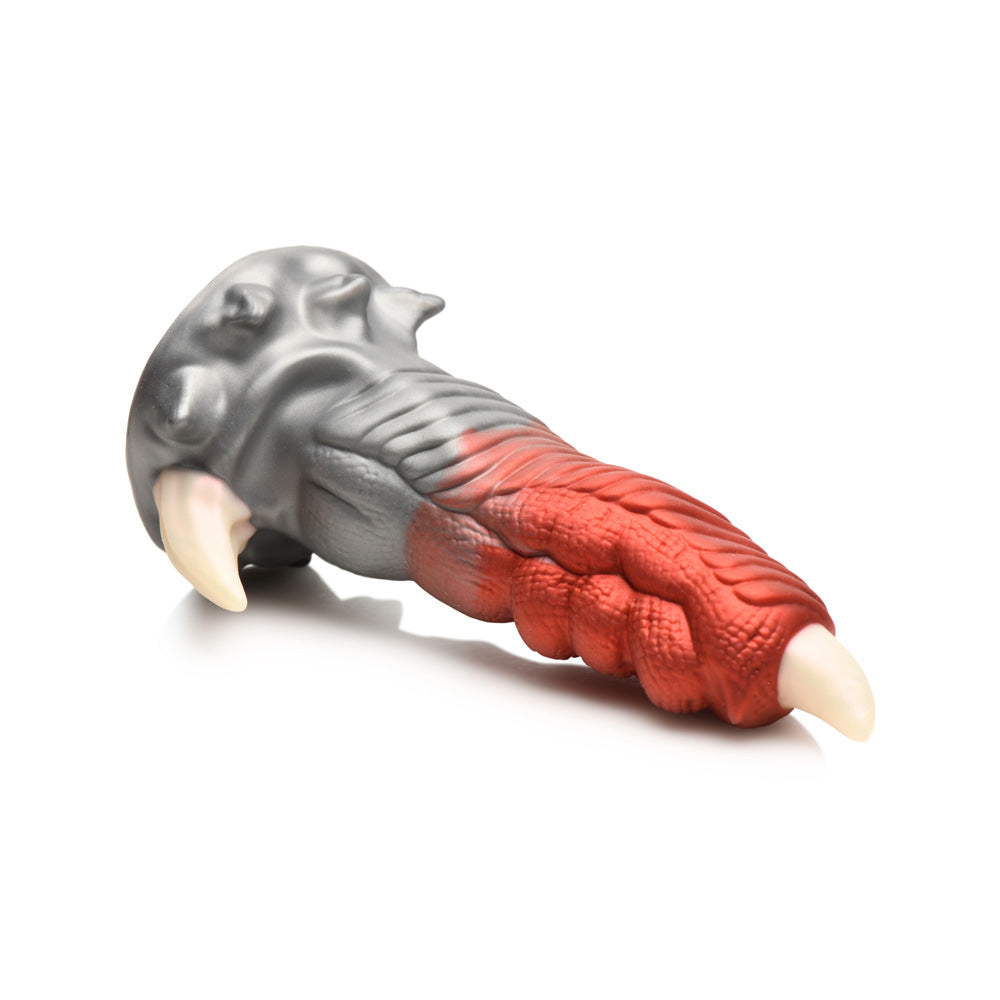 A grey and red dragon finger dildo with white claws.