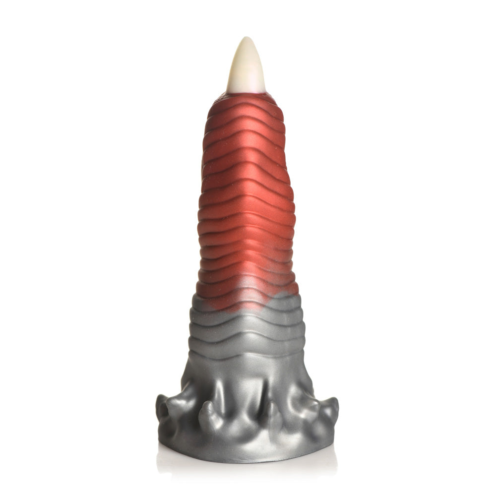 Red and silver dragon finger dildo with a pointed tip and textured base.