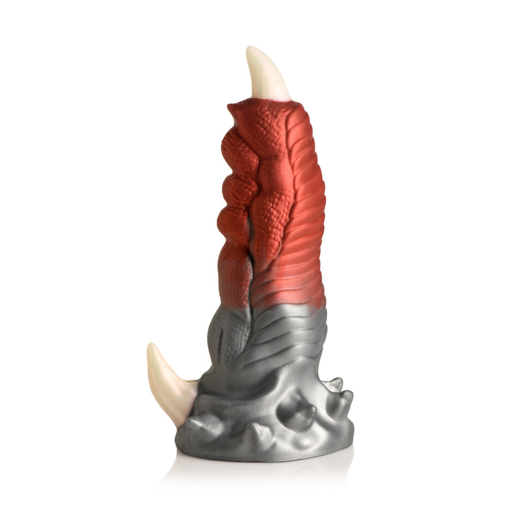 A red and gray dragon finger dildo with two white claws and a suction cup base.