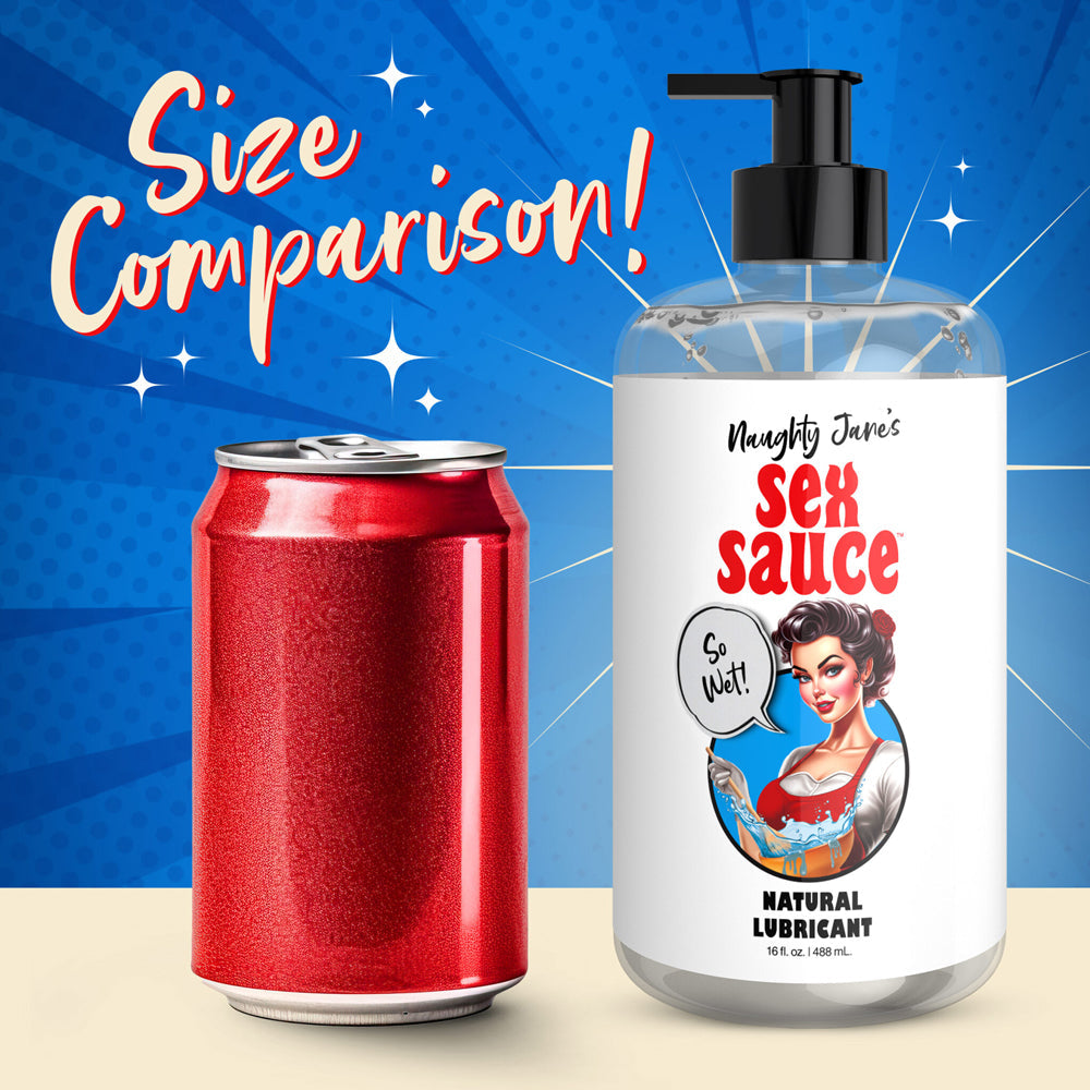A bottle of Naughty Janes Sex Sauce lubricant next to a red soda can.