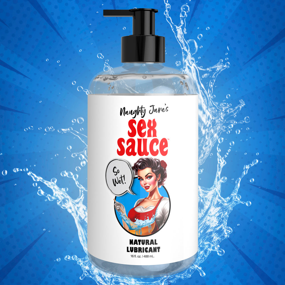 A bottle of Naughty Janes Sex Sauce natural lubricant with a retro pin-up girl illustration.
