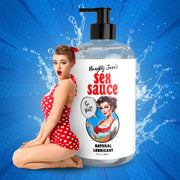 Naughty Janes Sex Sauce water-based natural lubricant with pin-up girl graphic.