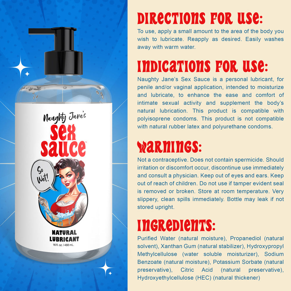 Naughty Janes Sex Sauce water-based natural lubricant in a clear bottle with a pump.