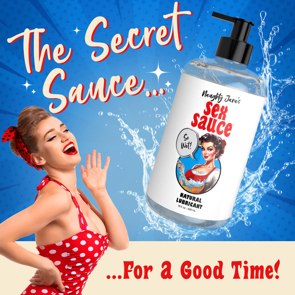 Naughty Janes Sex Sauce water-based natural lubricant with a pin-up girl illustration.