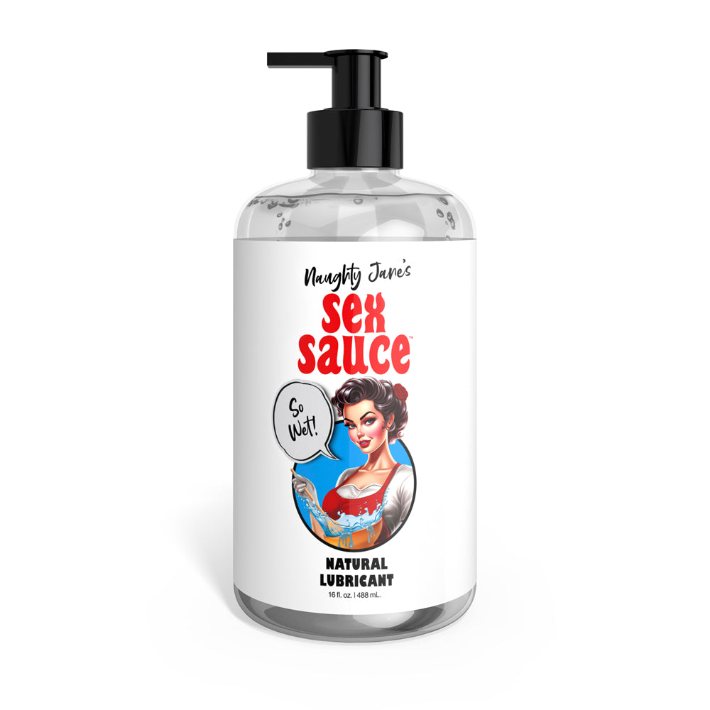 Bottle of Naughty Janes Sex Sauce natural lubricant with a pin-up girl illustration.