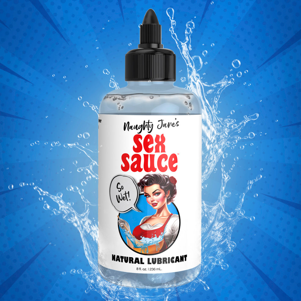 Naughty Jane's Sex Sauce natural lubricant in a clear bottle with a pin-up style illustration.