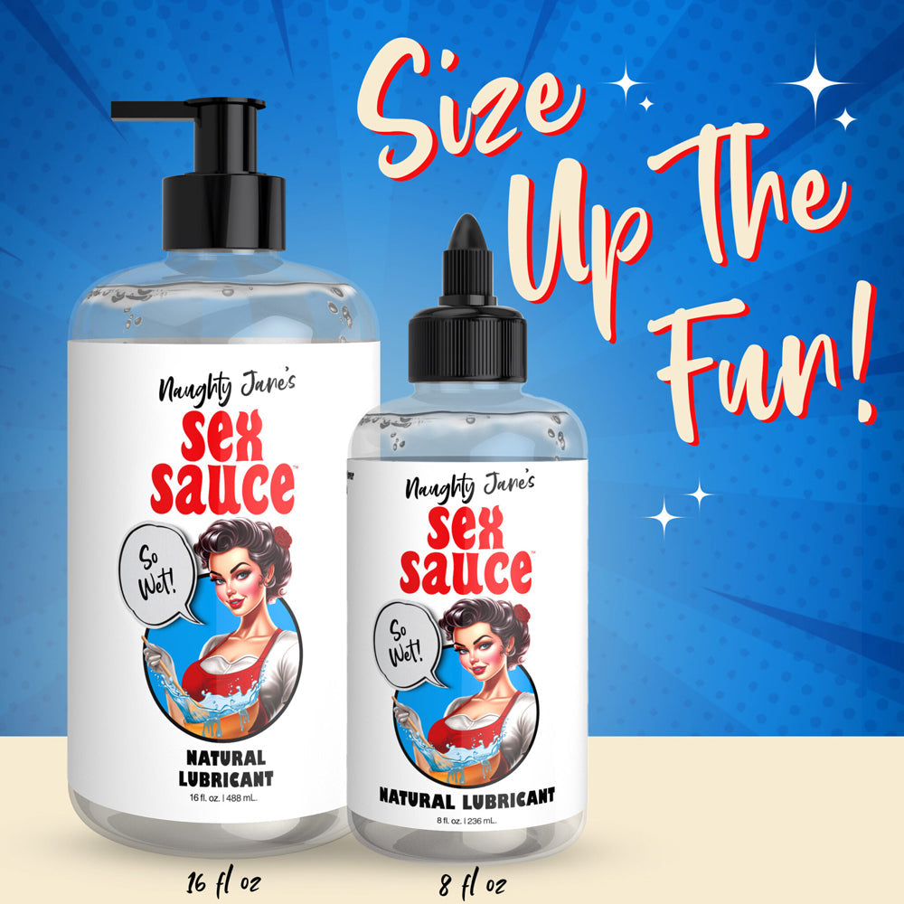 Two bottles of Naughty Jane's Sex Sauce natural lubricant, one 16oz and one 8oz.