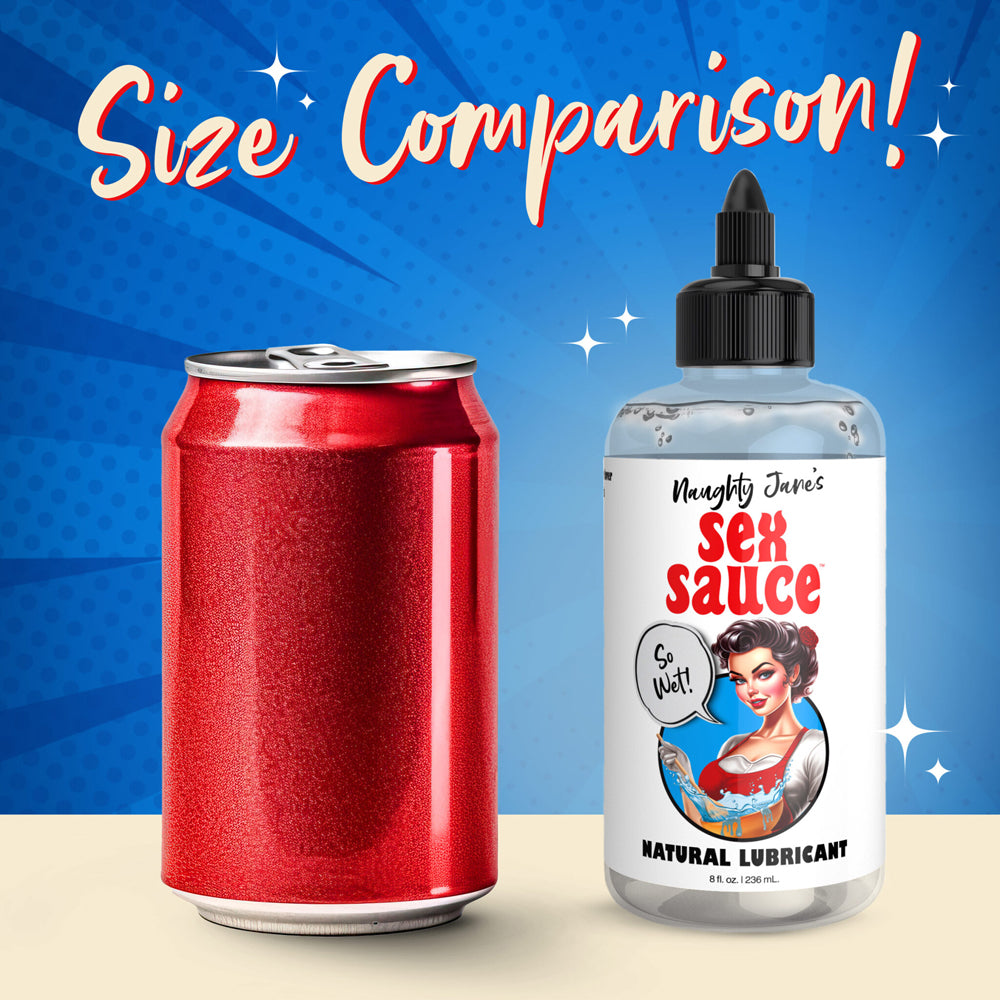 A can of soda next to a bottle of Naughty Jane's Sex Sauce lubricant.