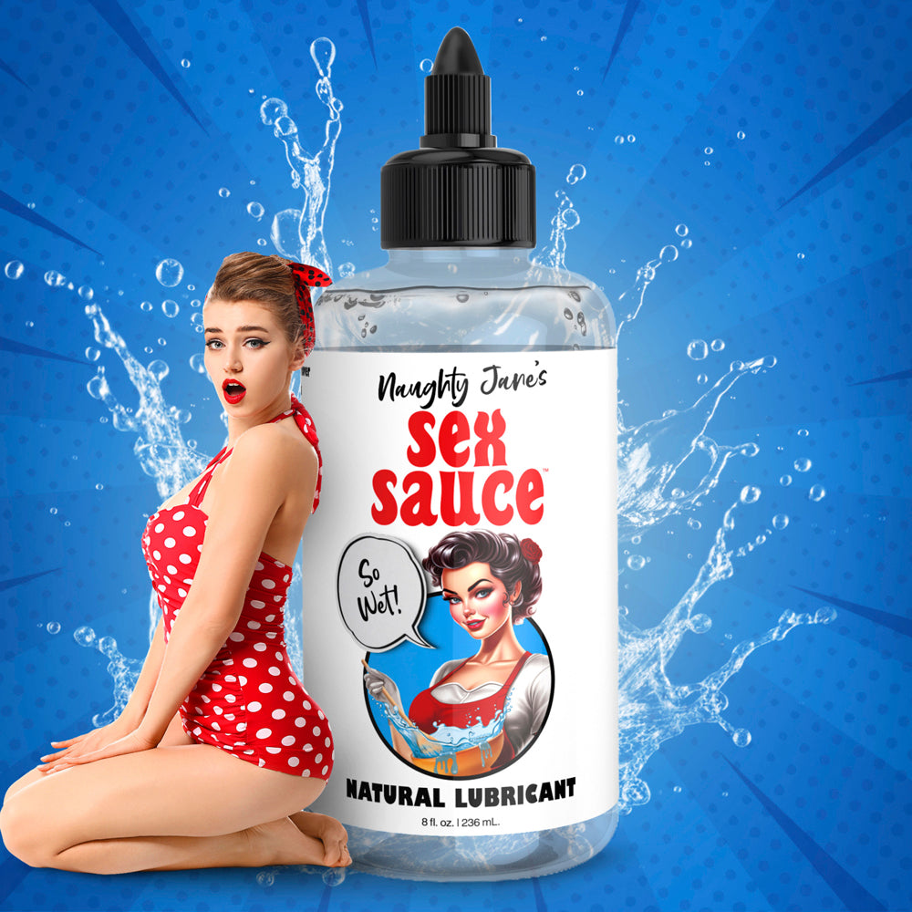 Naughty Jane's Sex Sauce natural water-based lubricant in an 8oz bottle.