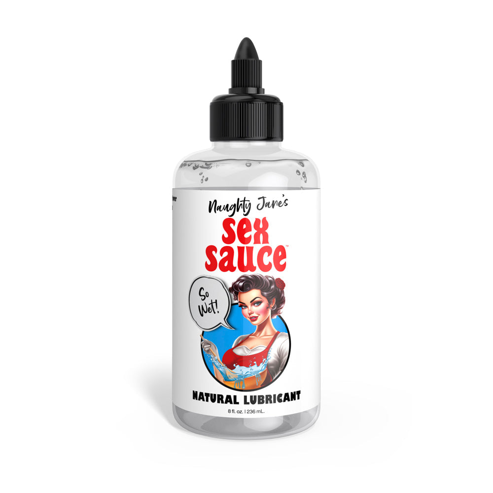Naughty Jane's Sex Sauce natural lubricant in an 8oz bottle with a pin-up girl illustration.