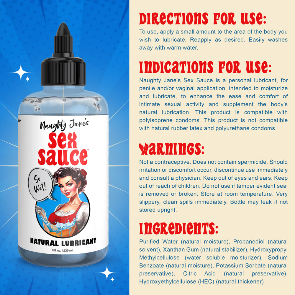Naughty Jane's Sex Sauce water-based natural lubricant in an 8oz bottle.