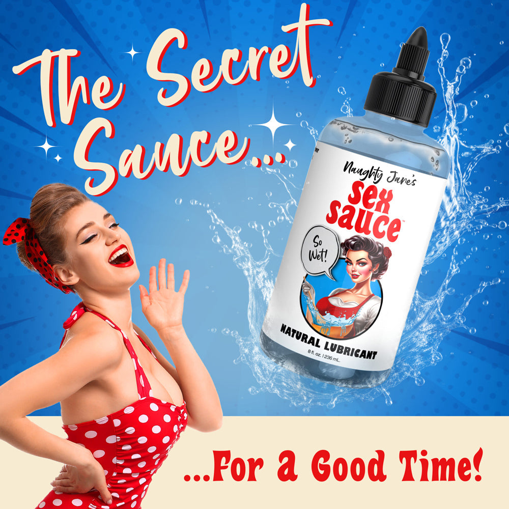 Naughty Jane's Sex Sauce natural water-based lubricant in an 8oz bottle.