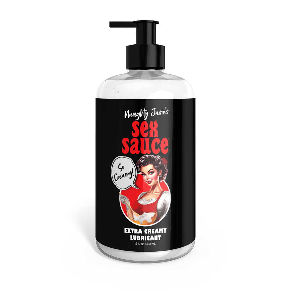 Naughty Janes Sex Sauce extra creamy lubricant bottle with pin-up girl graphic.