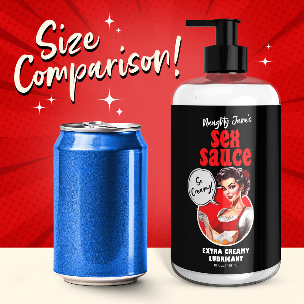 A blue soda can next to a 16oz bottle of Naughty Janes Extra Creamy Lubricant.