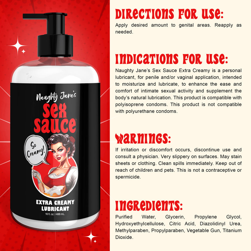 Naughty Jane's Sex Sauce Extra Creamy Lubricant bottle with instructions.