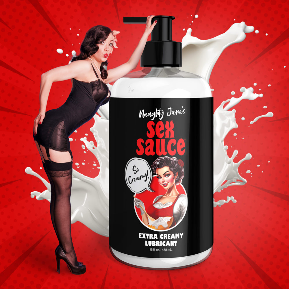 Naughty Janes water-based creamy personal lubricant bottle with pin-up girl graphic.