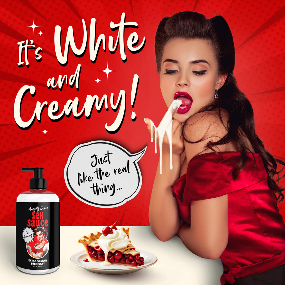 Naughty Janes water-based creamy personal lubricant bottle next to a slice of pie.