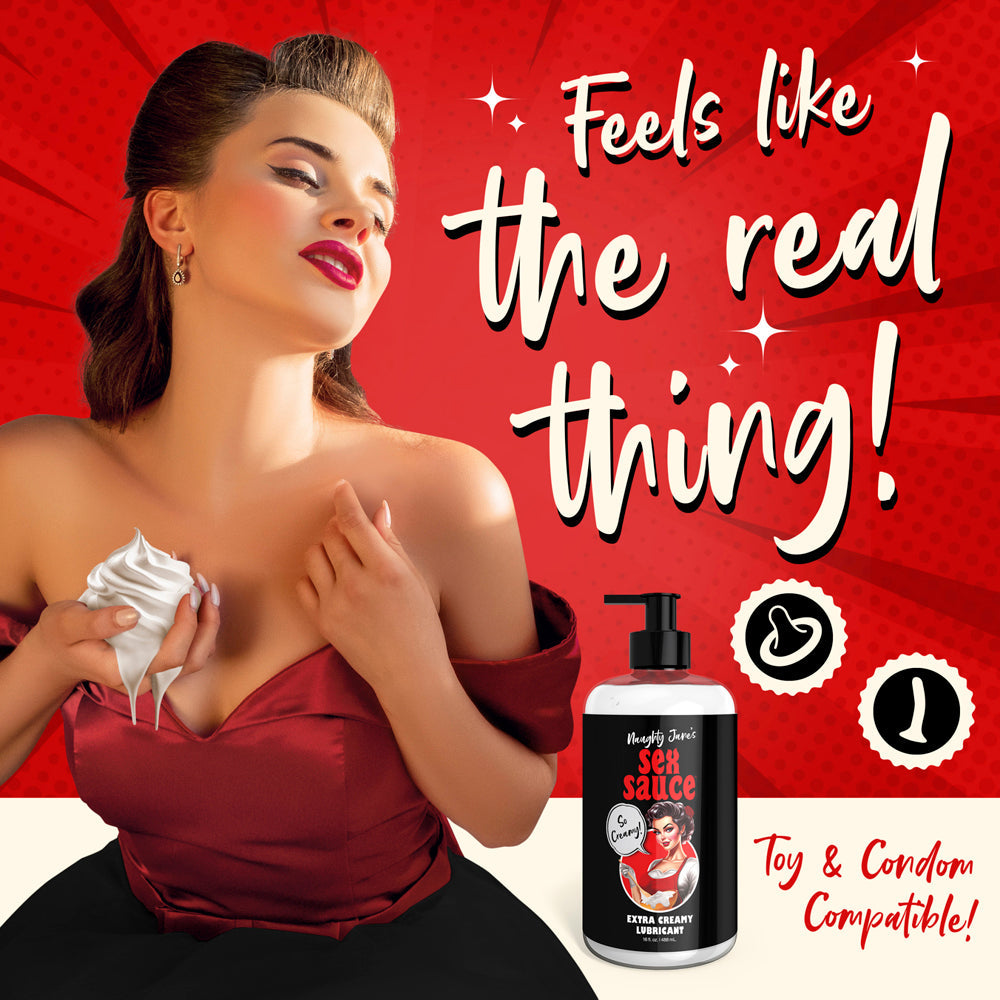 A bottle of Naughty Janes water-based creamy personal lubricant with a woman in a red dress.
