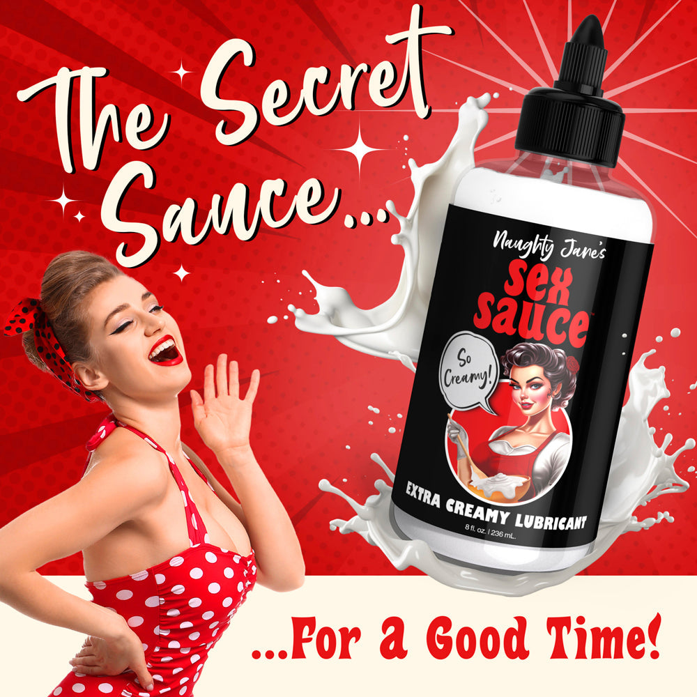 Naughty Janes Extra Creamy Lubricant bottle with a retro pin-up girl illustration.