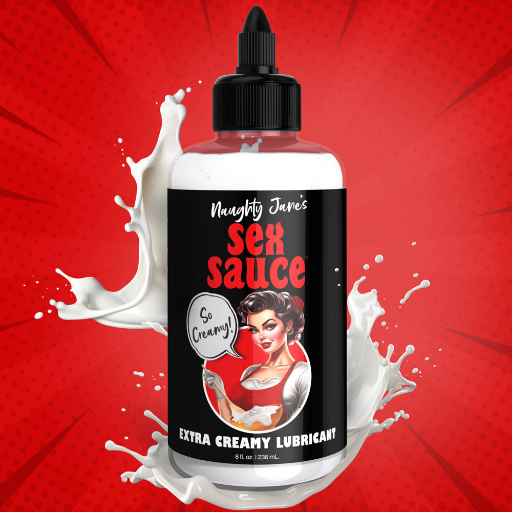 Naughty Janes Extra Creamy Lubricant bottle with a retro pin-up girl label.