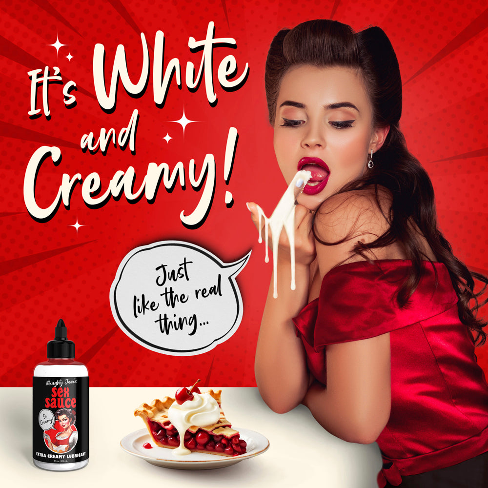 Naughty Janes Extra Creamy Lubricant bottle next to a slice of cherry pie.